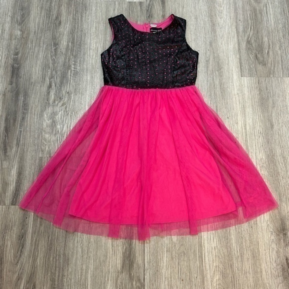 Beautiful girls holiday formal Christmas dress. Faux leather & pink chiffon